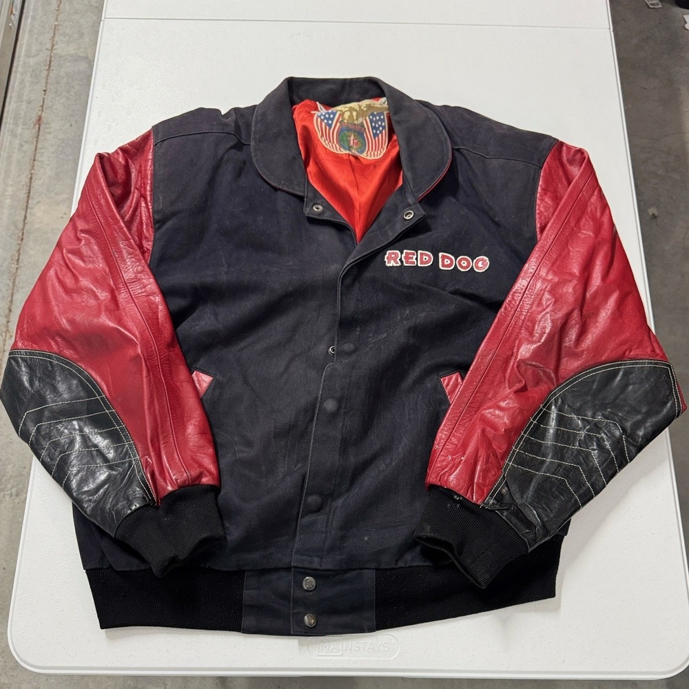 Jeff Hamilton Varsity Jacket Mens XL Black Red Leather Sleeve Red Dog Bulldog